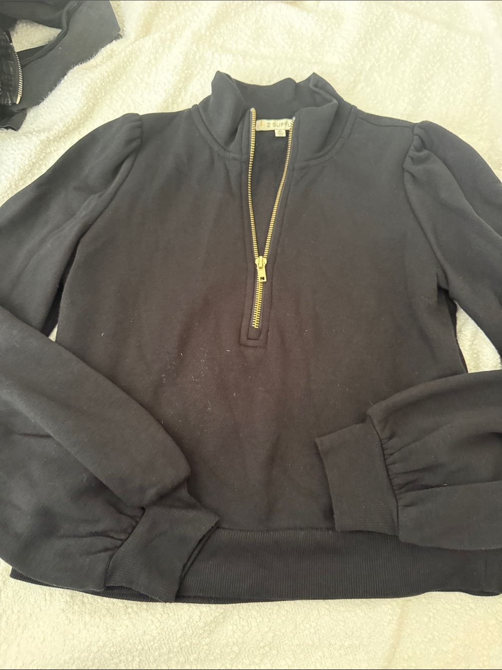 Z Supply Black Half-Zip Puff Sleeve Top with Gold Zipper